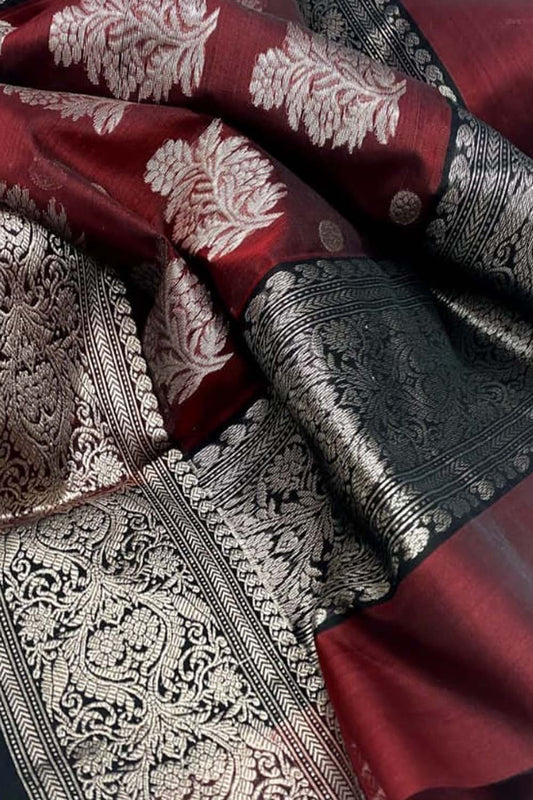 Maroon Chanderi Handloom Pure Katan Silk Saree - Luxurion World
