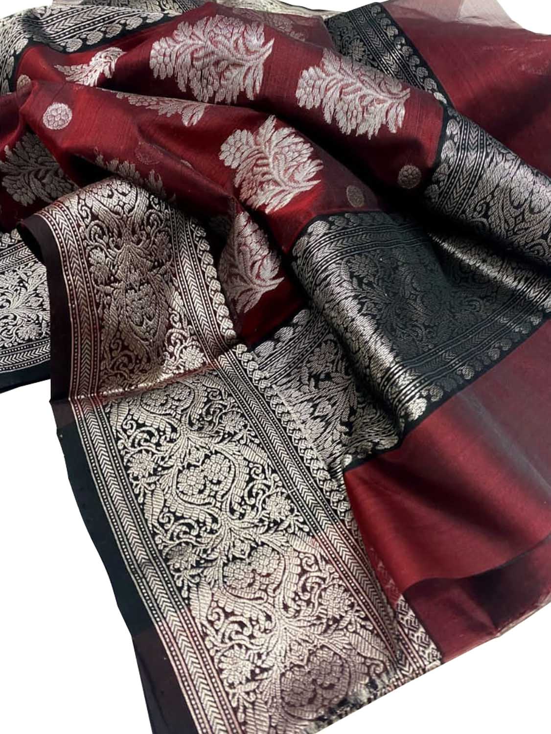 Maroon Chanderi Handloom Pure Katan Silk Saree - Luxurion World