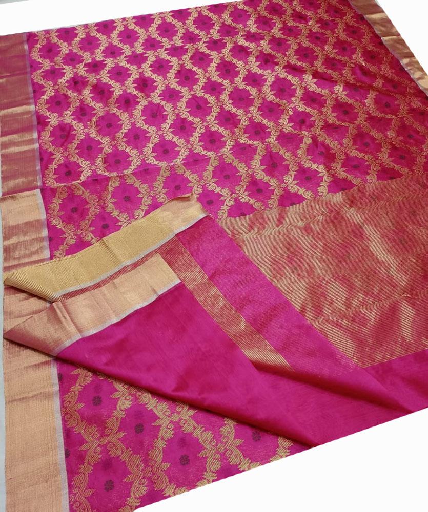 Pink Handloom Chanderi Pure Silk Saree - Luxurion World