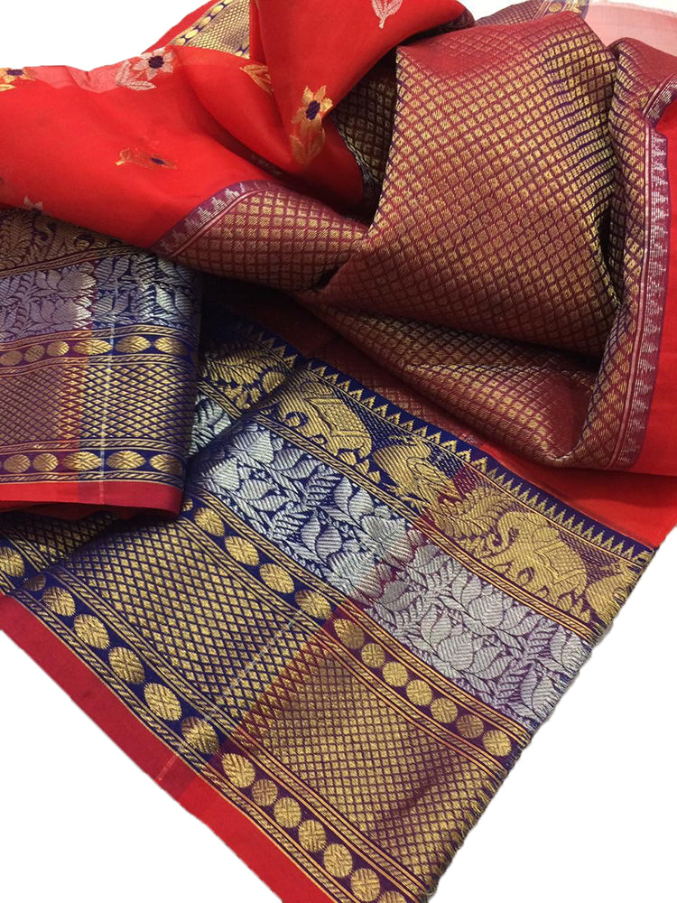 Orange Handloom Chanderi Pure Katan Silk Peacock Design Meenakari Saree - Luxurion World