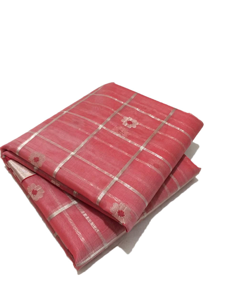 Red Handloom Chanderi Pure Katan Silk Checks Design Meena Motifs Saree - Luxurion World