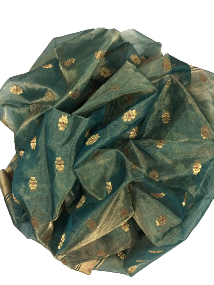 Green Handloom Chanderi Pure Tissue Silk Meena Booti Saree - Luxurion World