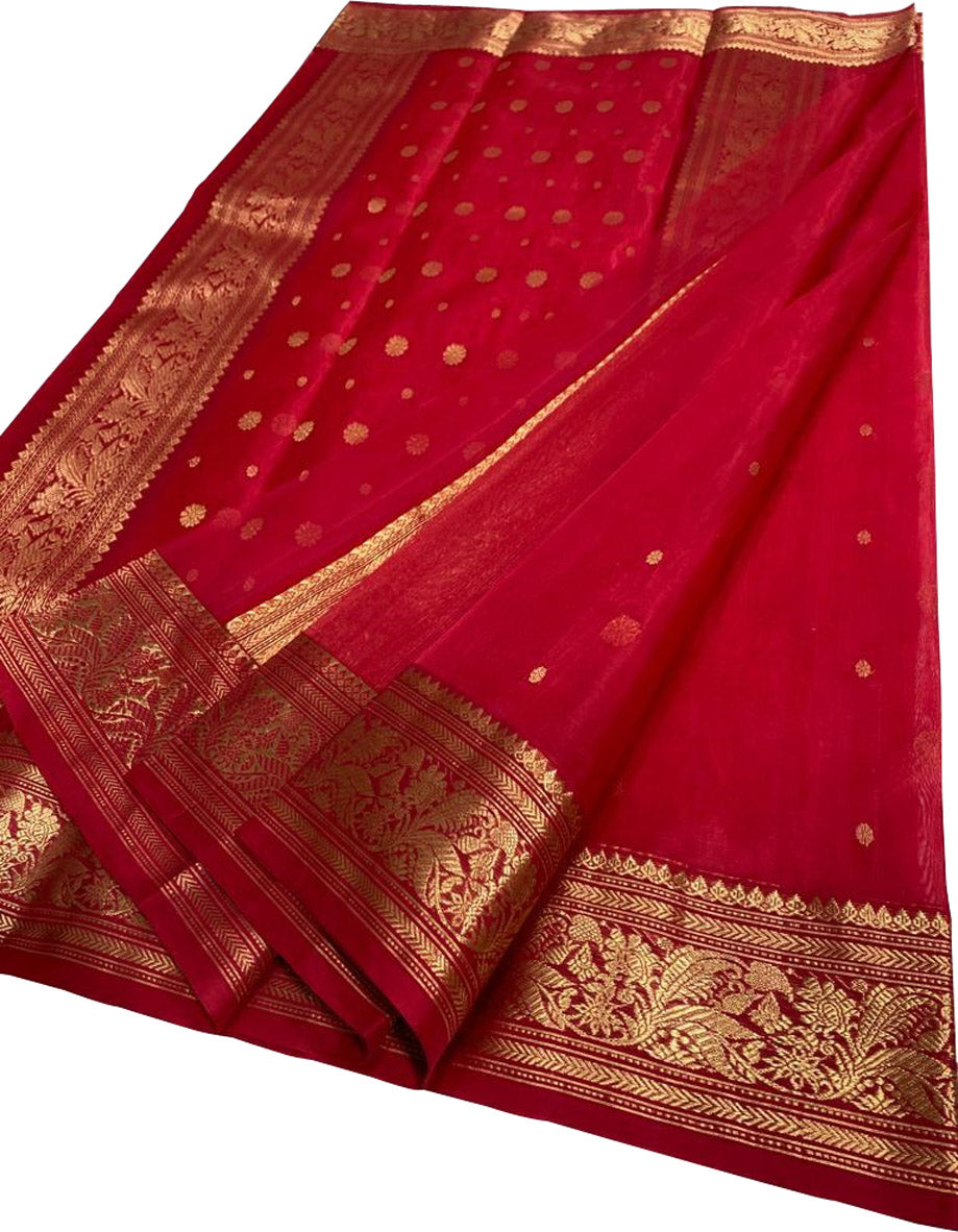 Red Chanderi Handloom Pure Katan Silk Small Booti Design Saree - Luxurion World