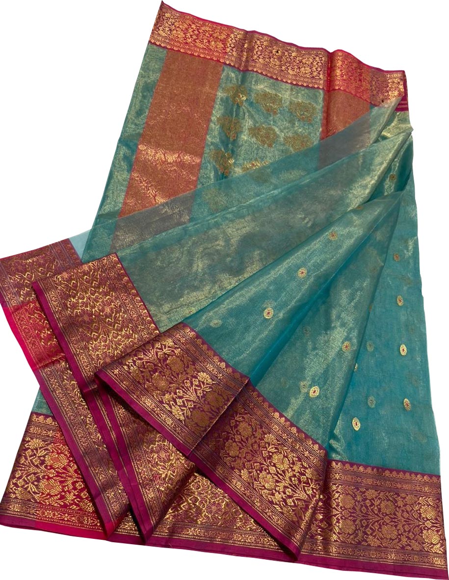 Green Chanderi Handloom Pure Katan Silk Saree - Luxurion World