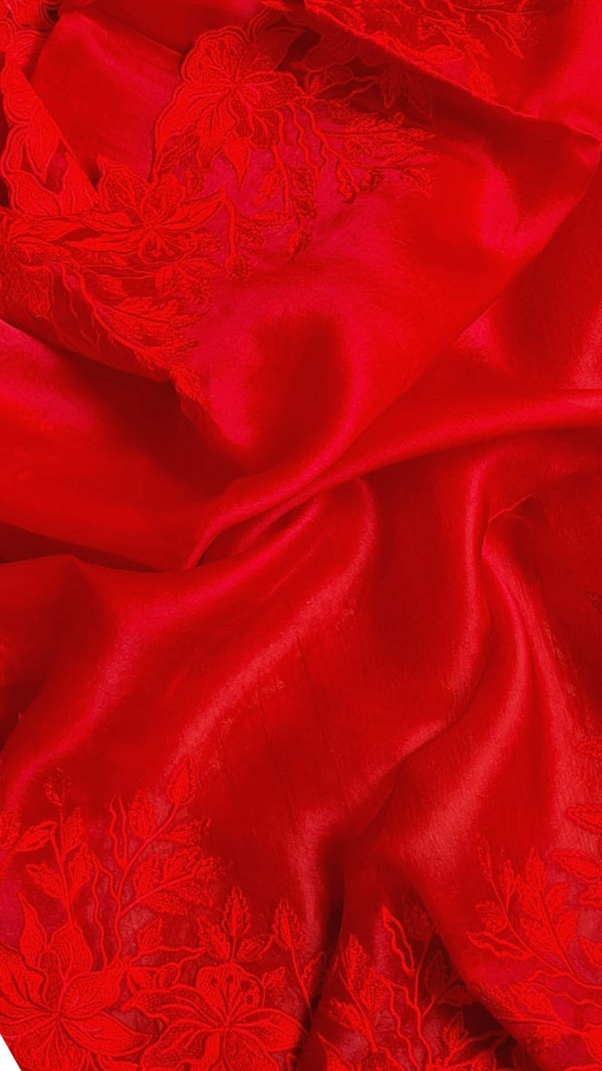 Red Chikankari Embroidered Organza Saree - Luxurion World