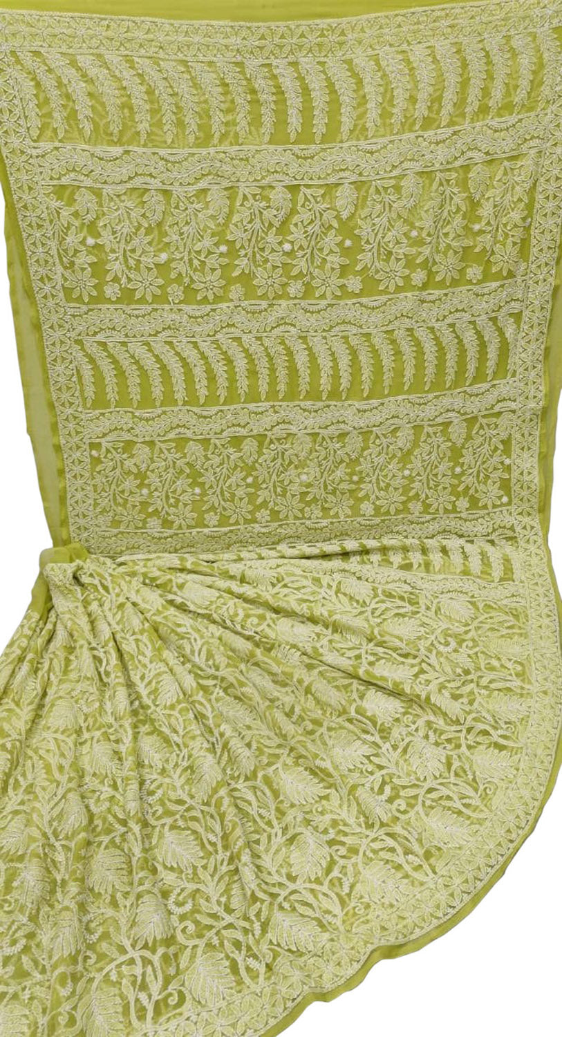 Green Hand Embroidered Chikankari Chiffon Georgette Saree - Luxurion World