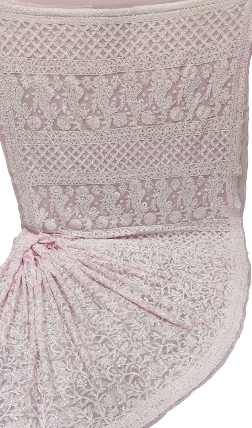 Pink Hand Embroidered Chikankari Chiffon Georgette Saree - Luxurion World