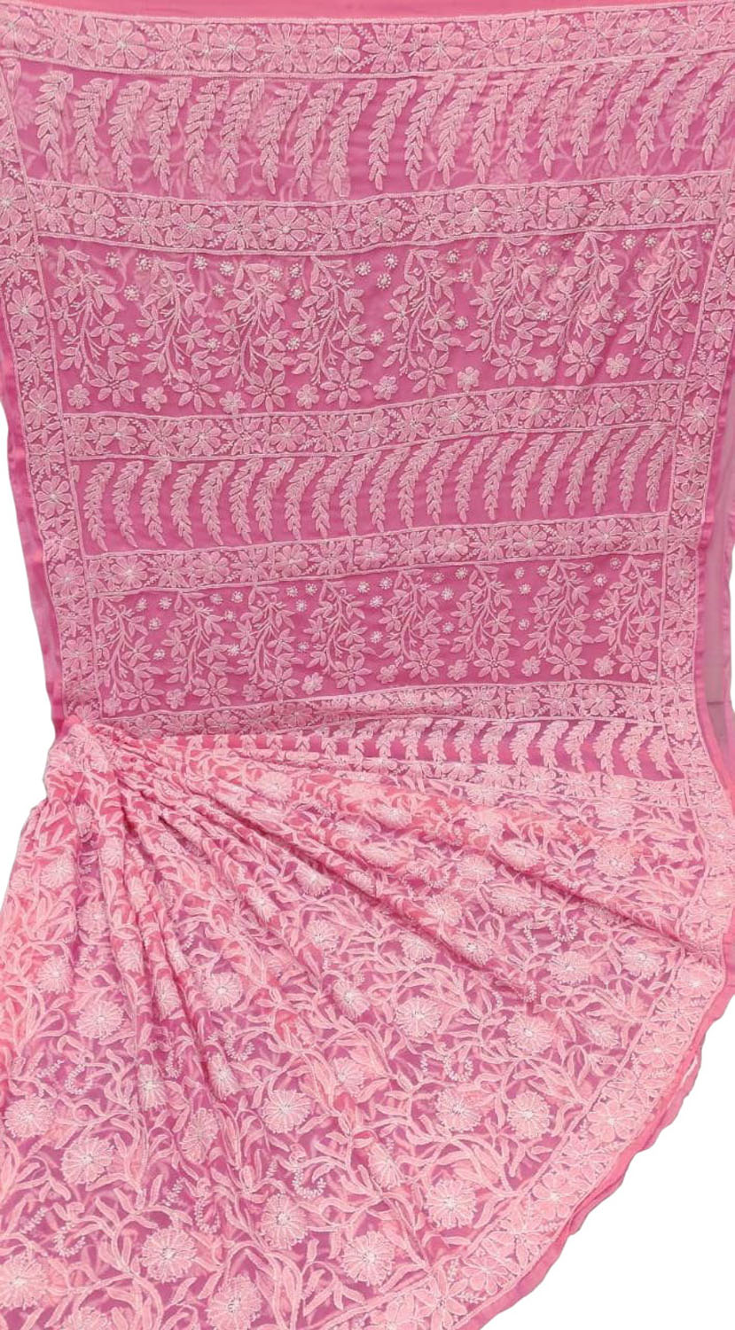 Pink Hand Embroidered Chikankari Chiffon Georgette Saree - Luxurion World