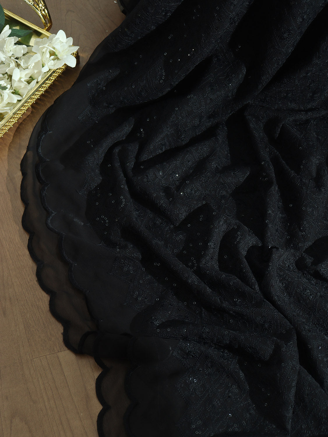 Black Embroidered Chikankari Georgette Sequins Work Saree - Luxurion World