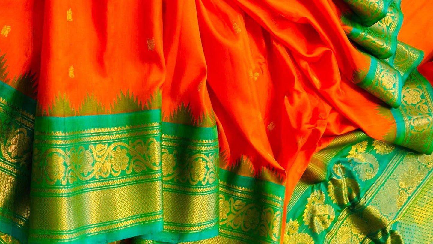Orange Handloom Gadwal Pure Silk Saree - Luxurion World