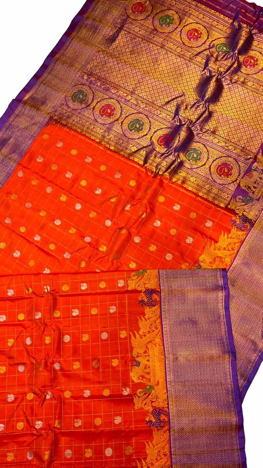 Orange Gadwal Handloom Pure Silk Saree - Luxurion World