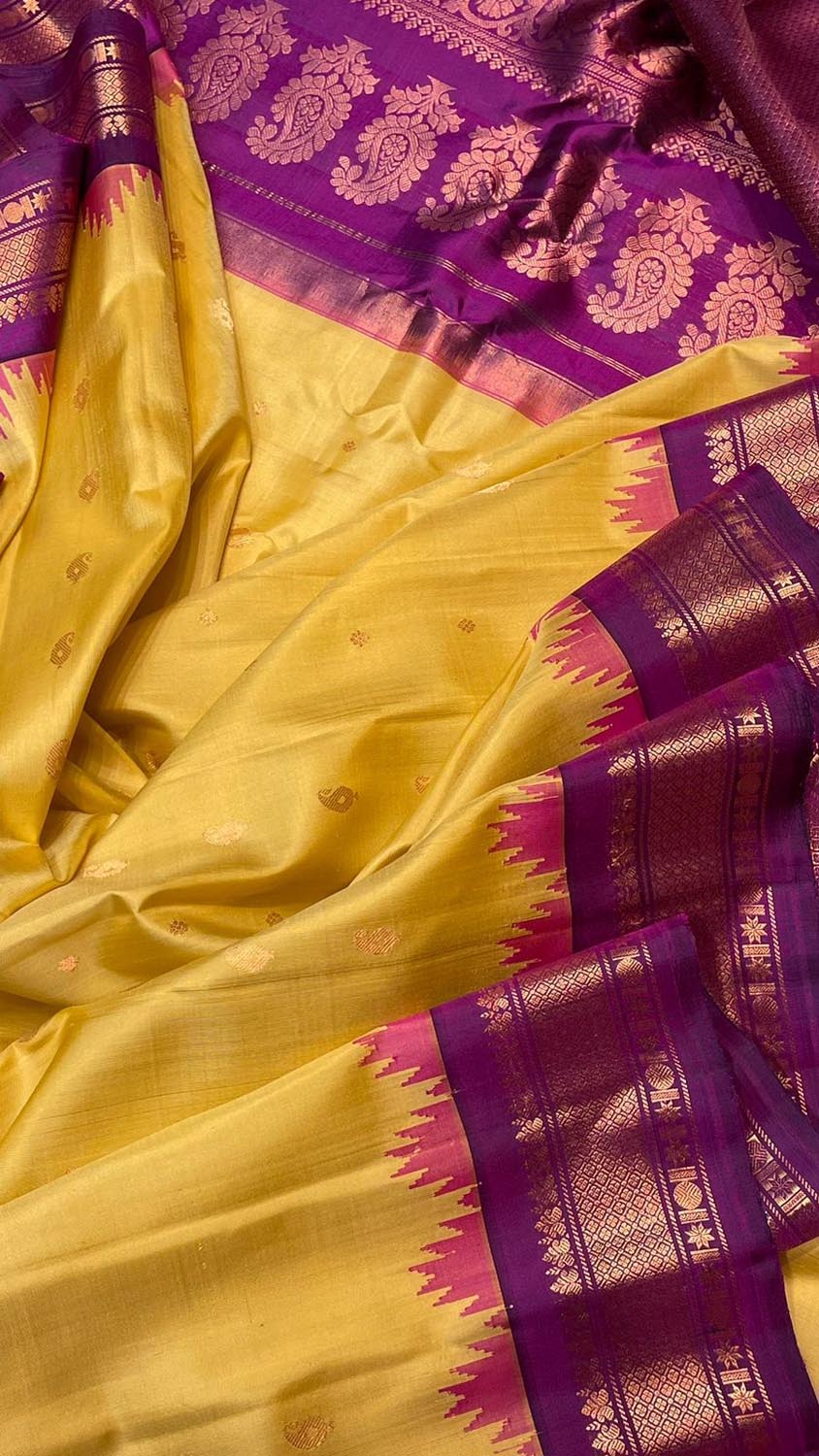 Yellow Gadwal Handloom Pure Silk Saree - Luxurion World
