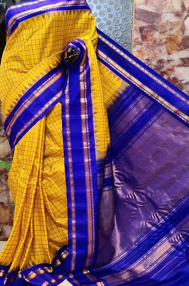 Yellow Handloom Gadwal Pure Silk Saree - Luxurion World