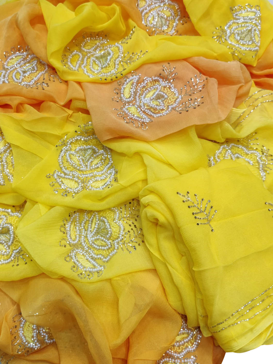 Yellow and Orange Chiffon Saree with Pearl and Cut Dana Work - Elegant Occasion Wear - Luxurion World