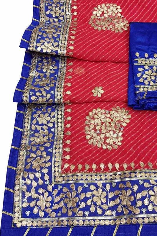 Stunning Red and Blue Gota Patti Georgette Saree for Elegant Occasions - Luxurion World