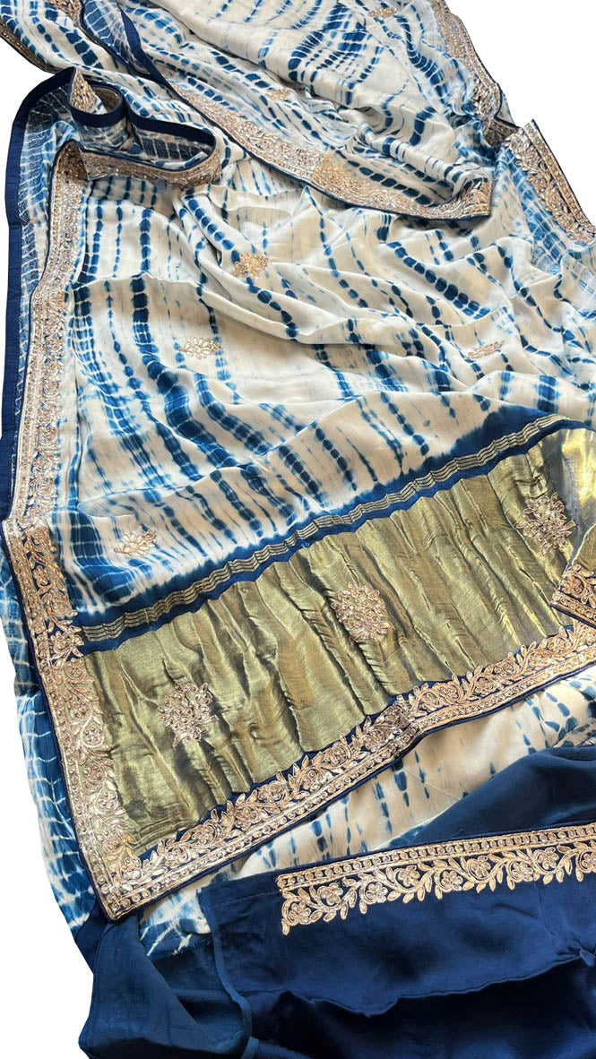 Off White And Blue Hand Gota Patti And Zarkan Work Pure Gajji Silk Shibori Saree - Luxurion World