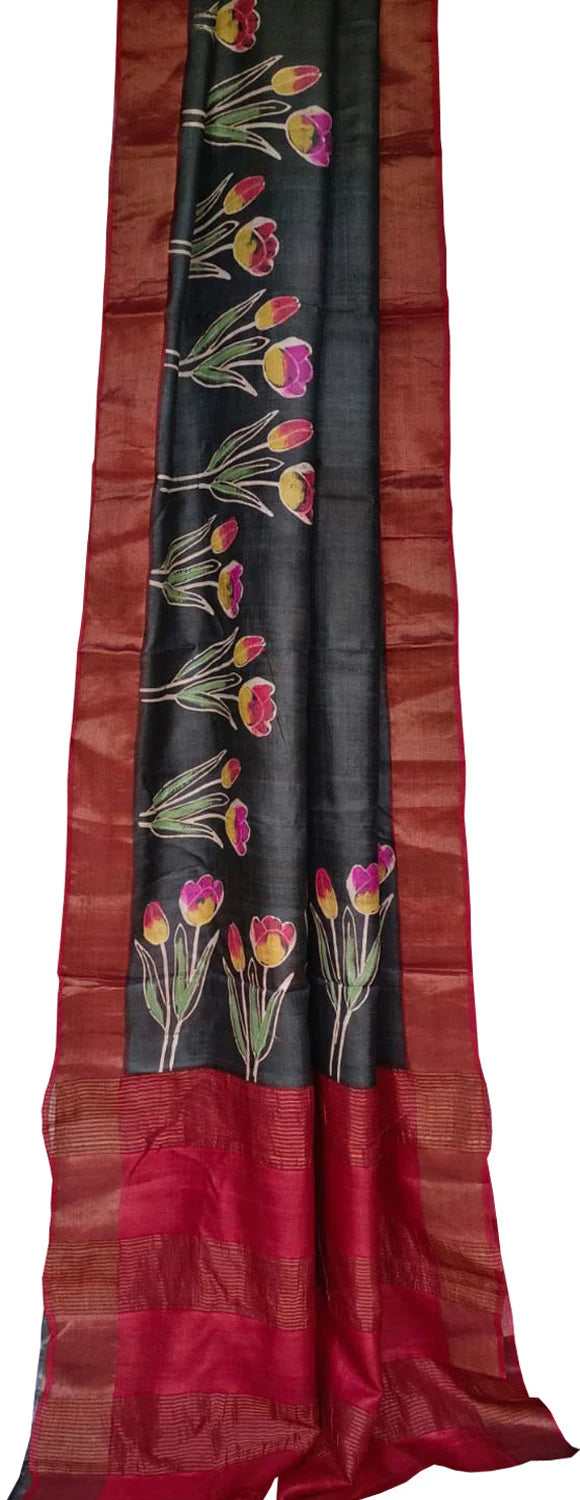 Black Hand Block Printed Tussar Silk Saree - Luxurion World
