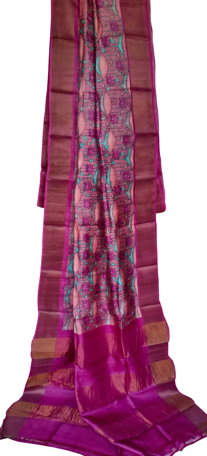 Pink Hand Block Printed Tussar Silk Saree - Luxurion World