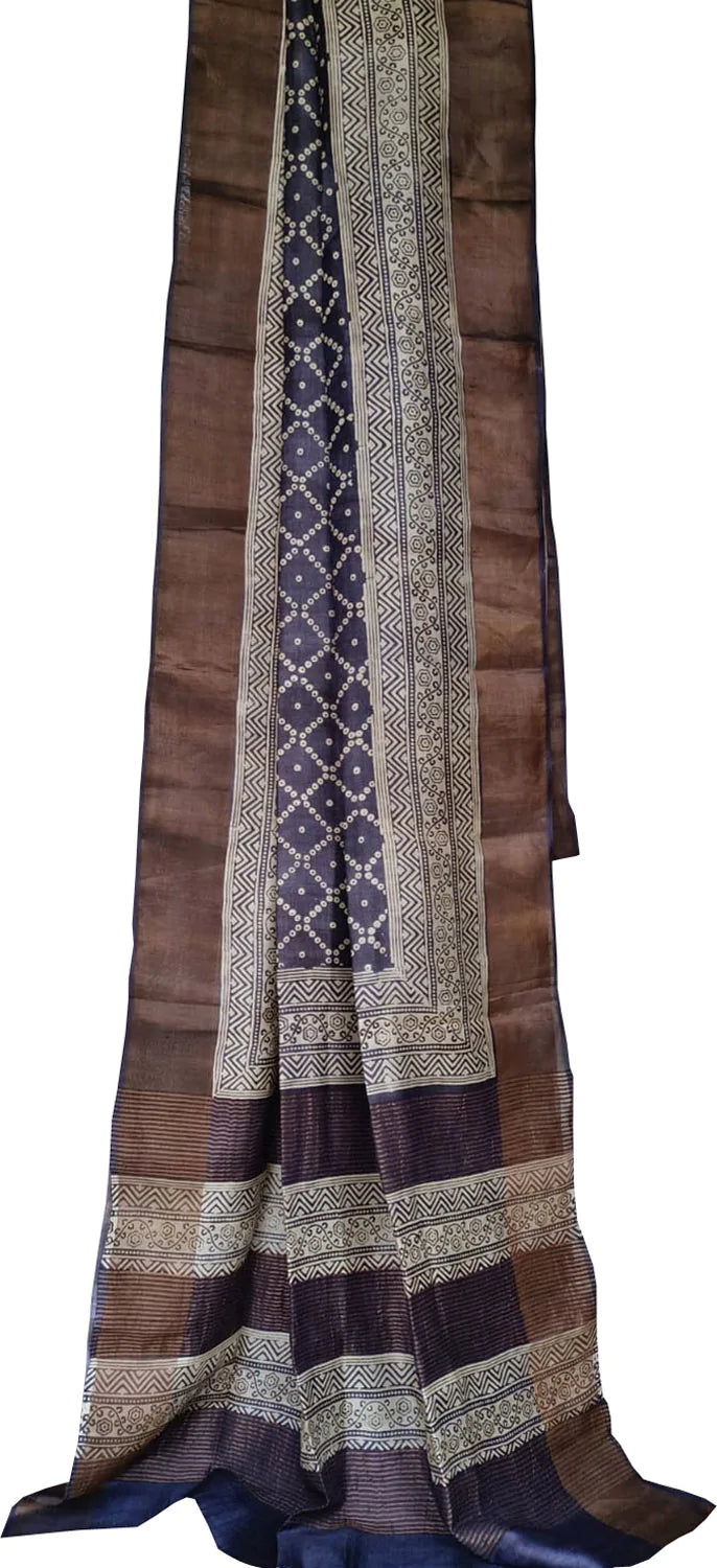 Blue Hand Block Printed Tussar Silk Saree - Luxurion World