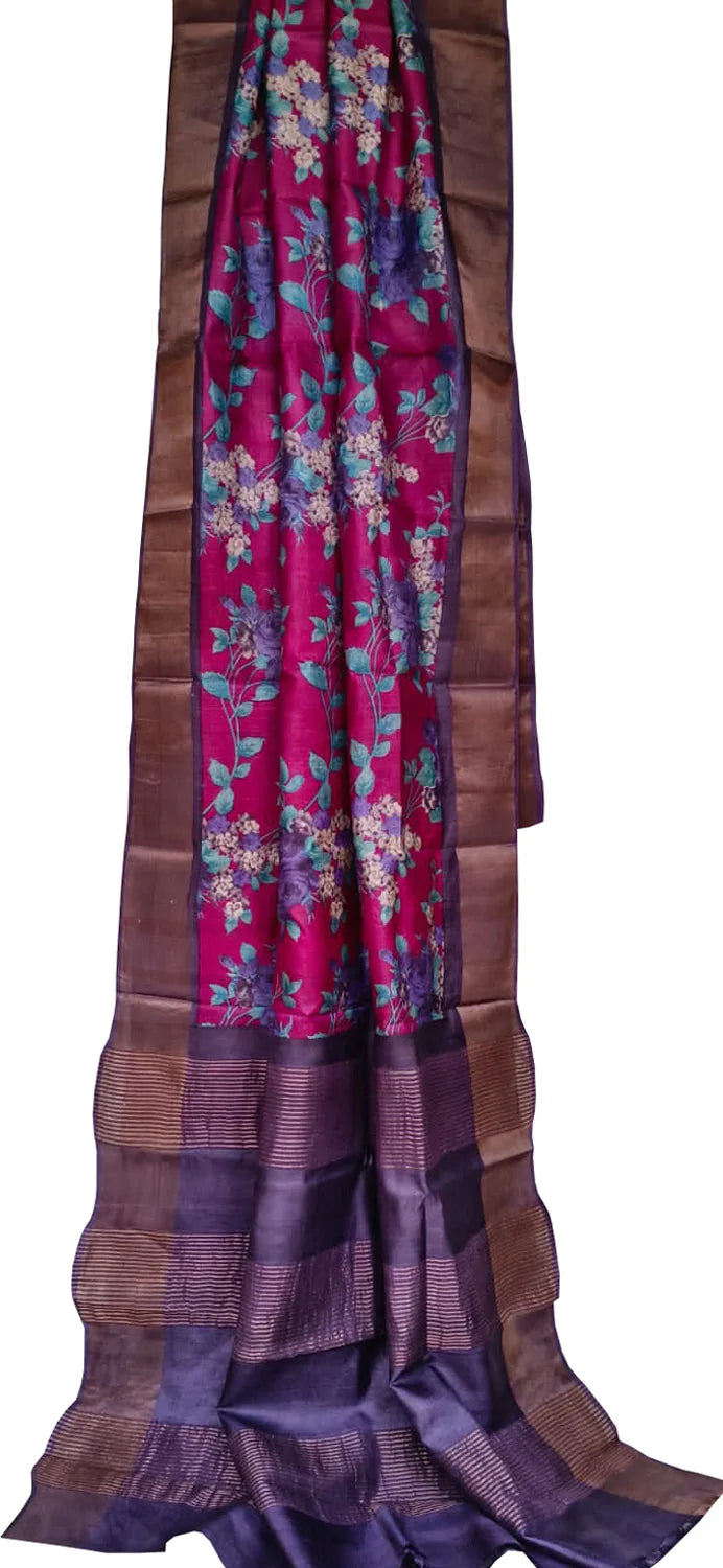 Pink Hand Block Printed Tussar Silk Saree - Luxurion World