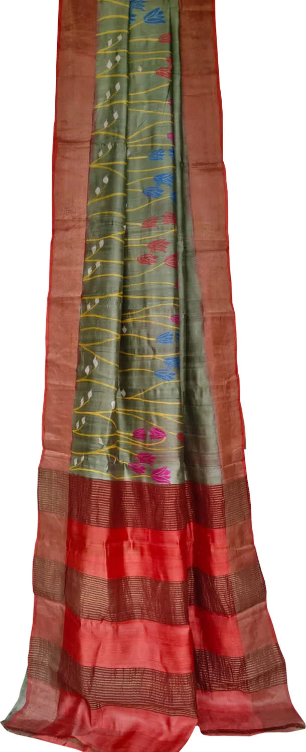 Green Hand Block Printed Tussar Silk Saree - Luxurion World