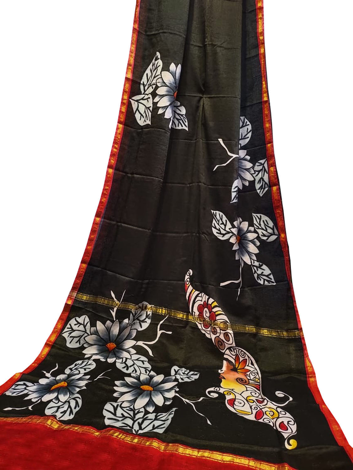 Black Hand Painted Chanderi Silk Saree - Luxurion World