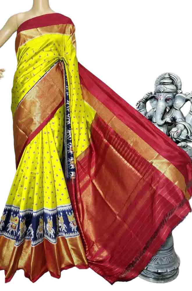 Yellow Handloom Ikat Pure Silk Saree - Luxurion World
