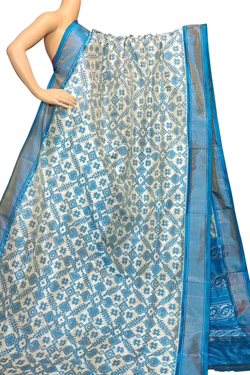 Off White Handloom Ikat Pure Silk Saree - Luxurion World