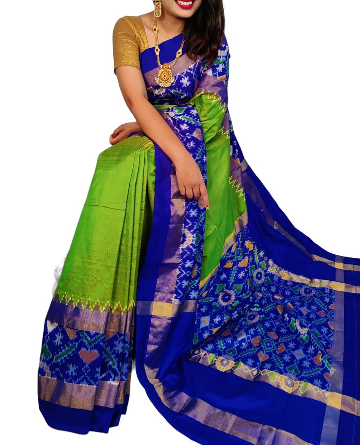 Green Ikat Handloom Pure Silk Saree - Luxurion World