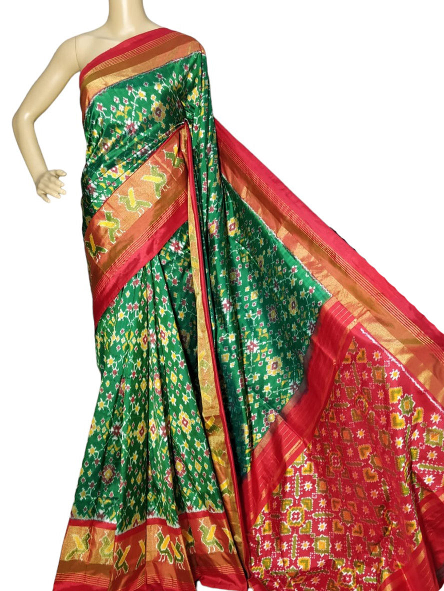 Green Handloom Ikat Pure Silk Saree - Luxurion World