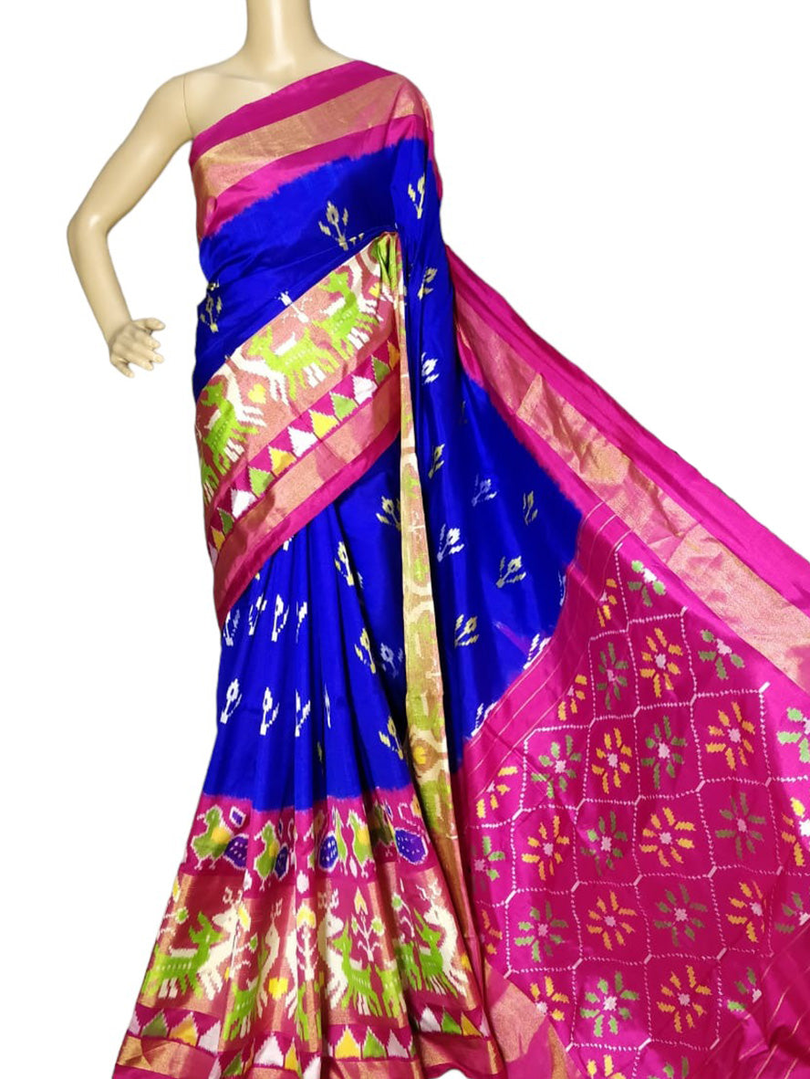 Blue Handloom Ikat Pure Silk Saree - Luxurion World