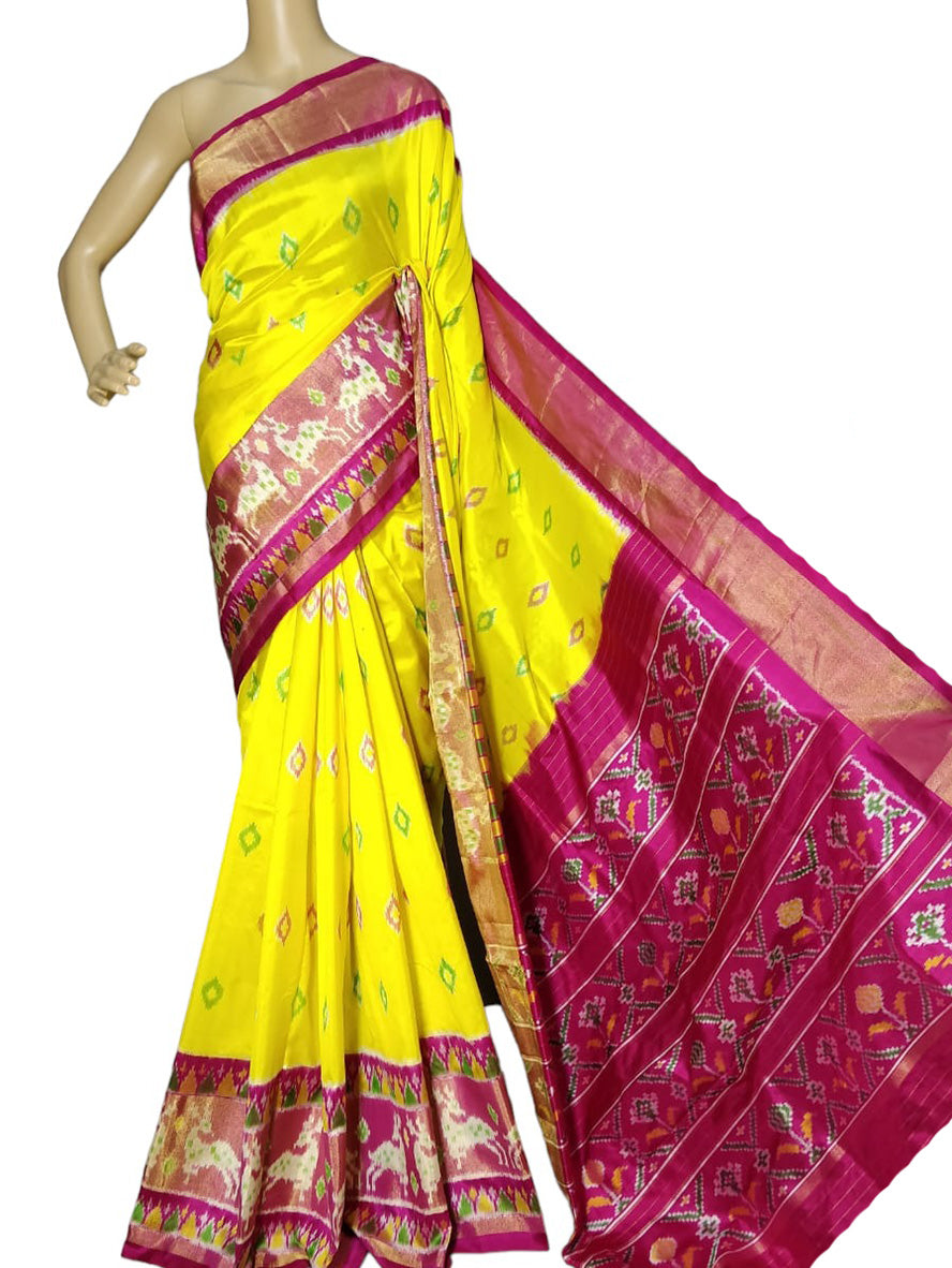 Yellow Handloom Ikat Pure Silk Saree - Luxurion World