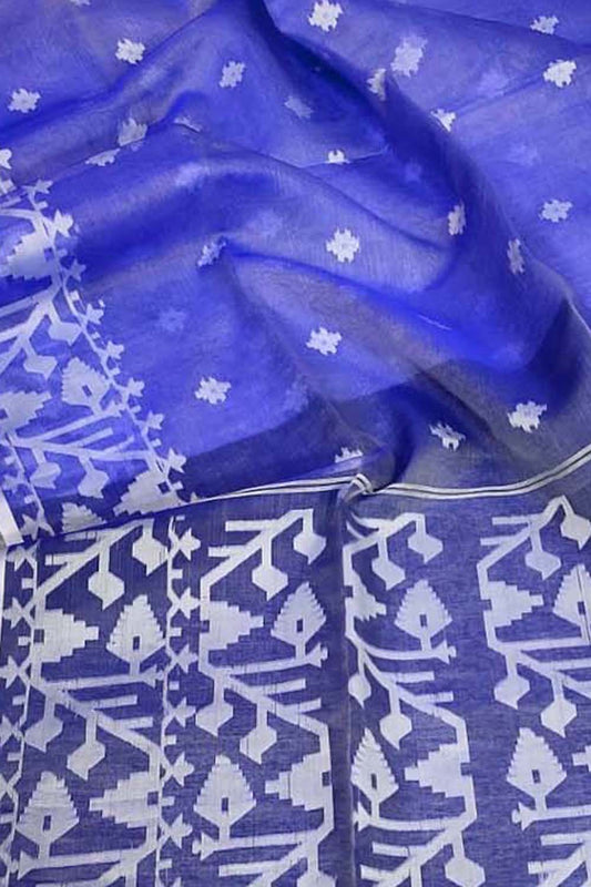 Exquisite Blue Handloom Jamdani Muslin Saree - Perfect for Any Occasion