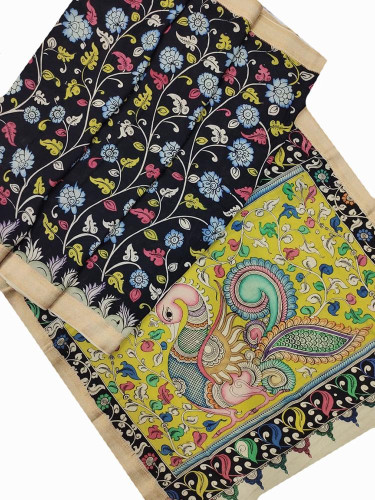 Multicolor Pen Kalamkari Banglore Silk Saree - Luxurion World