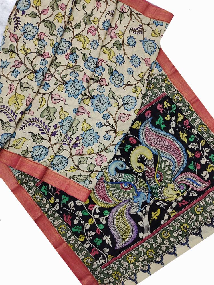 Multicolor Pen Kalamkari Banglore Silk Saree - Luxurion World