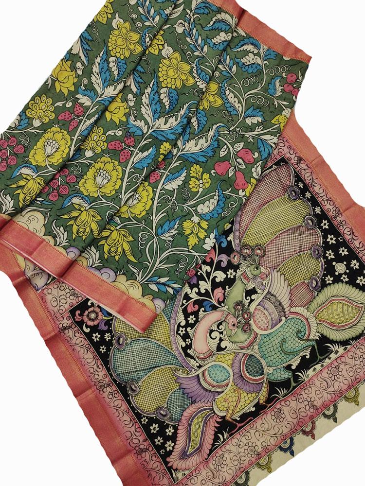 Multicolor Pen Kalamkari Banglore Silk Saree - Luxurion World