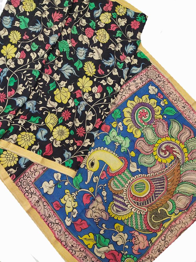 Multicolor Pen Kalamkari Banglore Silk Saree - Luxurion World
