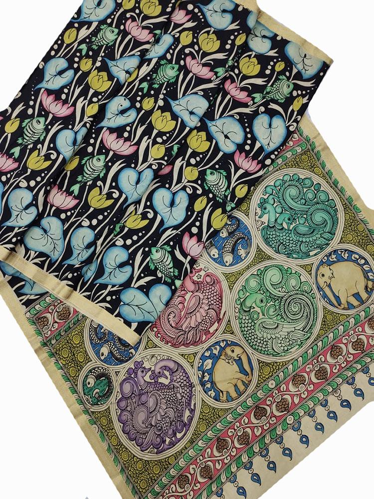 Multicolor Pen Kalamkari Banglore Silk Saree - Luxurion World