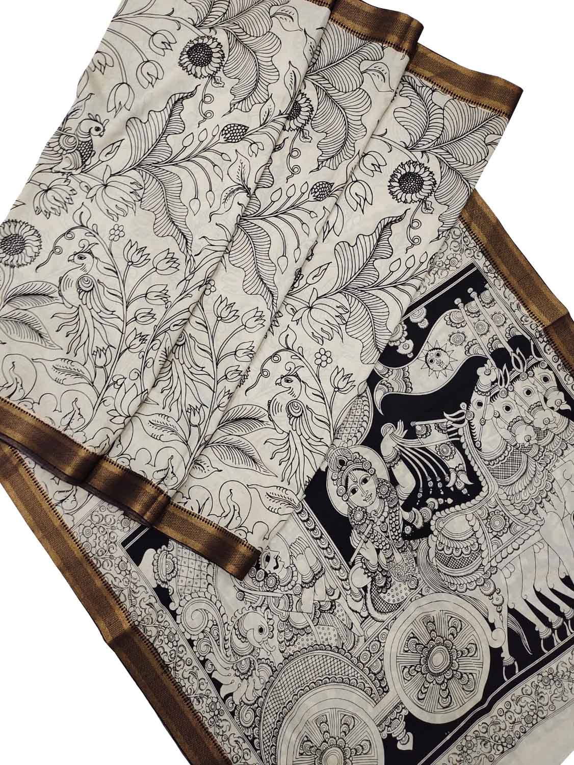 Stunning Black & White Kalamkari Hand Painted Bangalore Silk Saree with Zari Border - Luxurion World