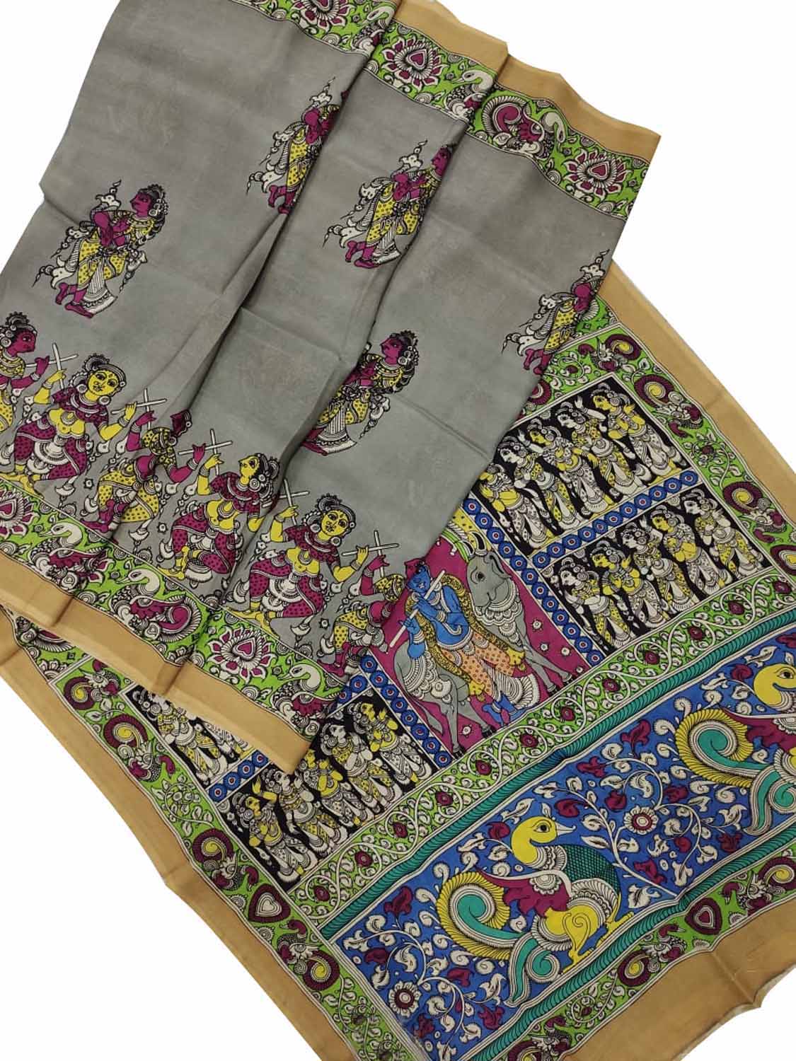 Shop Grey Kalamkari Chennur Silk Saree - Hand Painted Elegance - Luxurion World