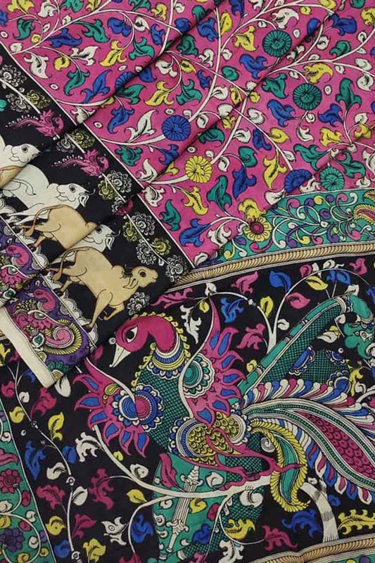 Shop Hand-Painted Pink Kalamkari Chennur Silk Saree - Ethnic Wear - Luxurion World