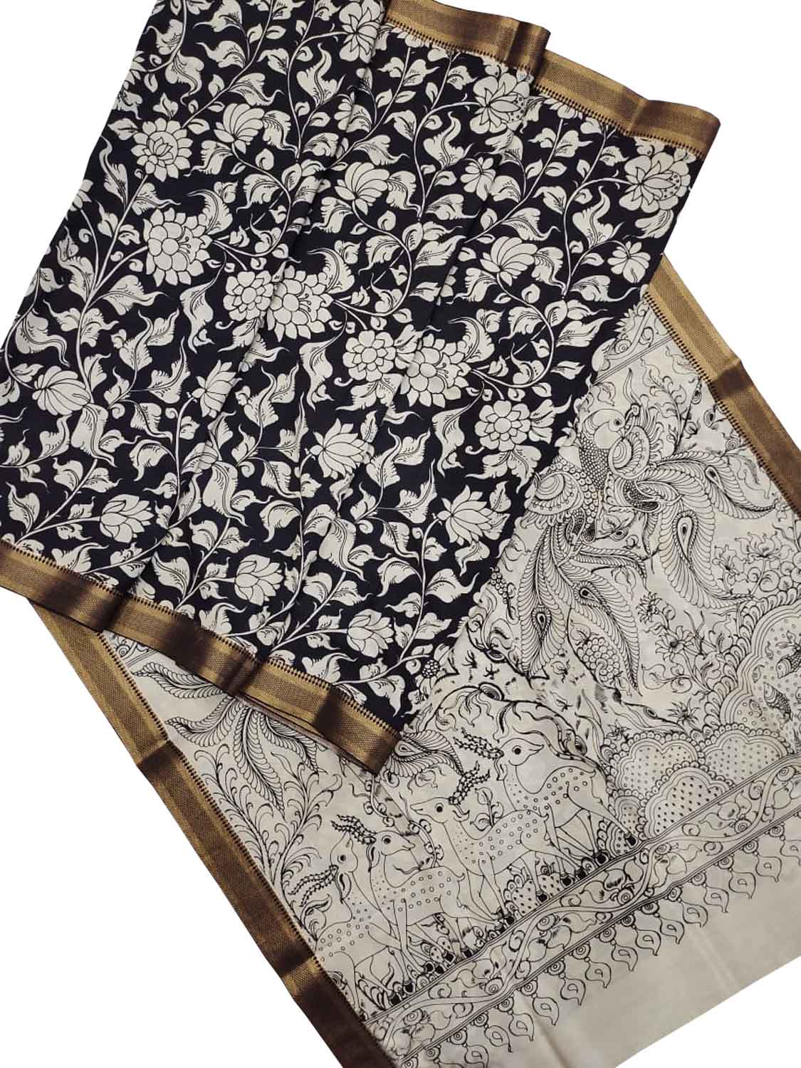 Stunning Black & White Kalamkari Hand-Painted Bangalore Silk Saree - Luxurion World