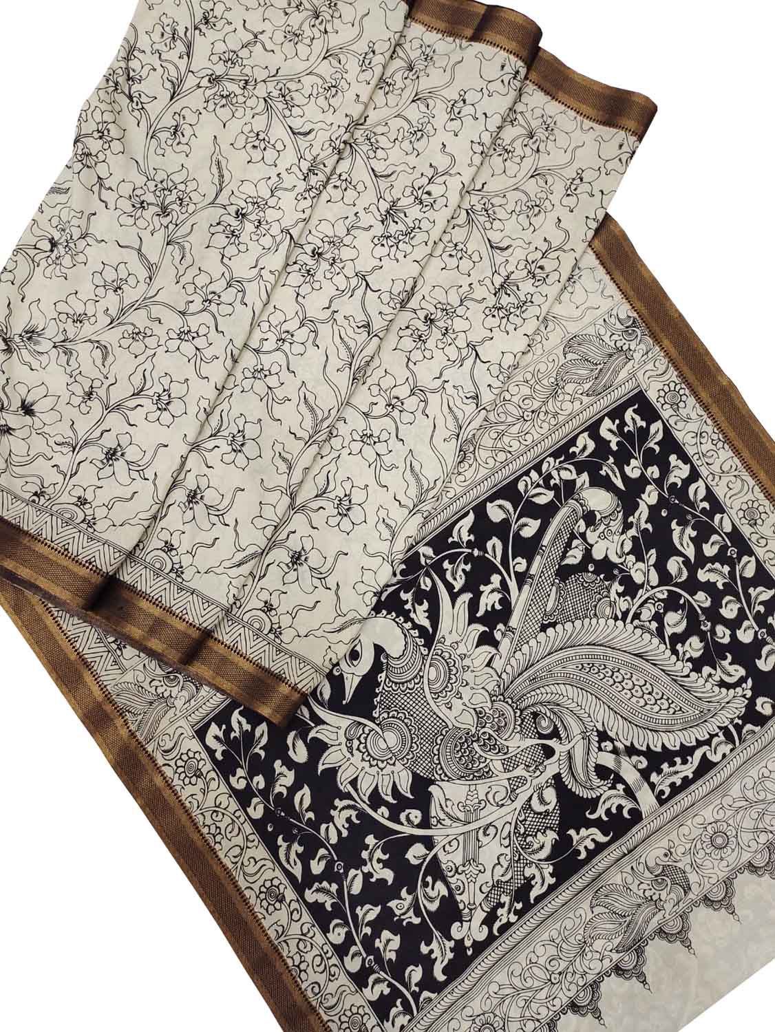 Stunning Black & White Kalamkari Hand-Painted Bangalore Silk Saree - Luxurion World