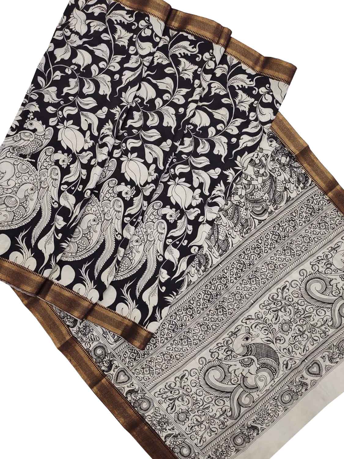 Stunning Black & White Kalamkari Hand-Painted Bangalore Silk Saree - Luxurion World