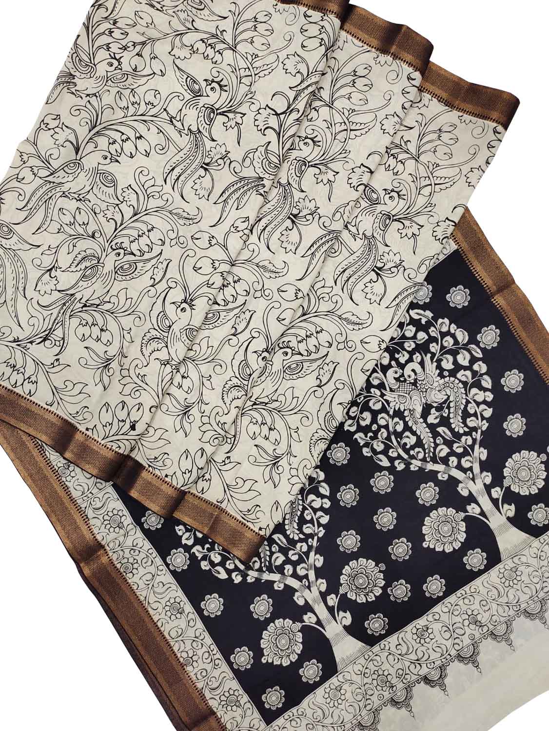 Stunning Black & White Kalamkari Hand-Painted Bangalore Silk Saree - Luxurion World