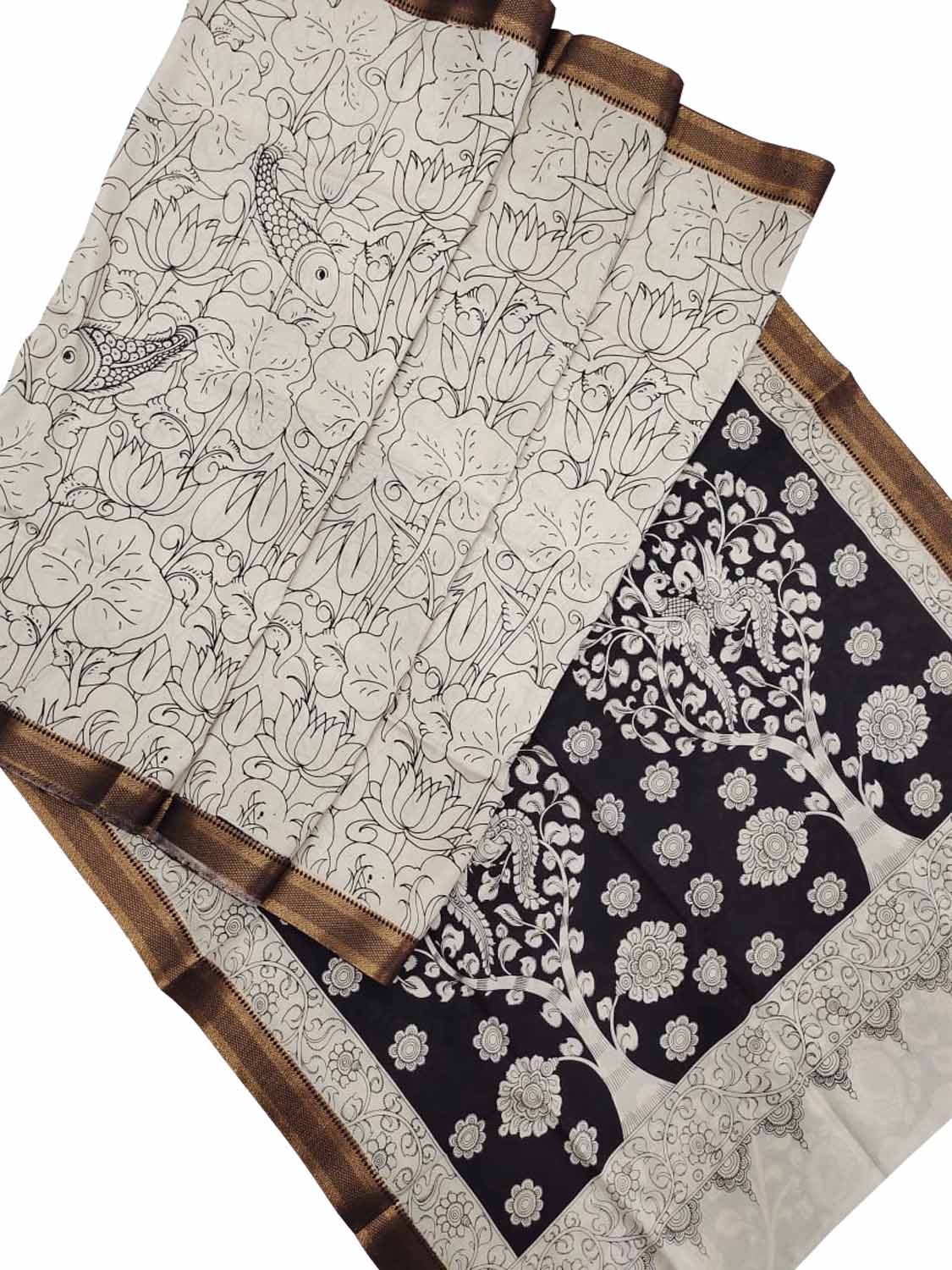 Stunning Black & White Kalamkari Hand-Painted Bangalore Silk Saree - Luxurion World