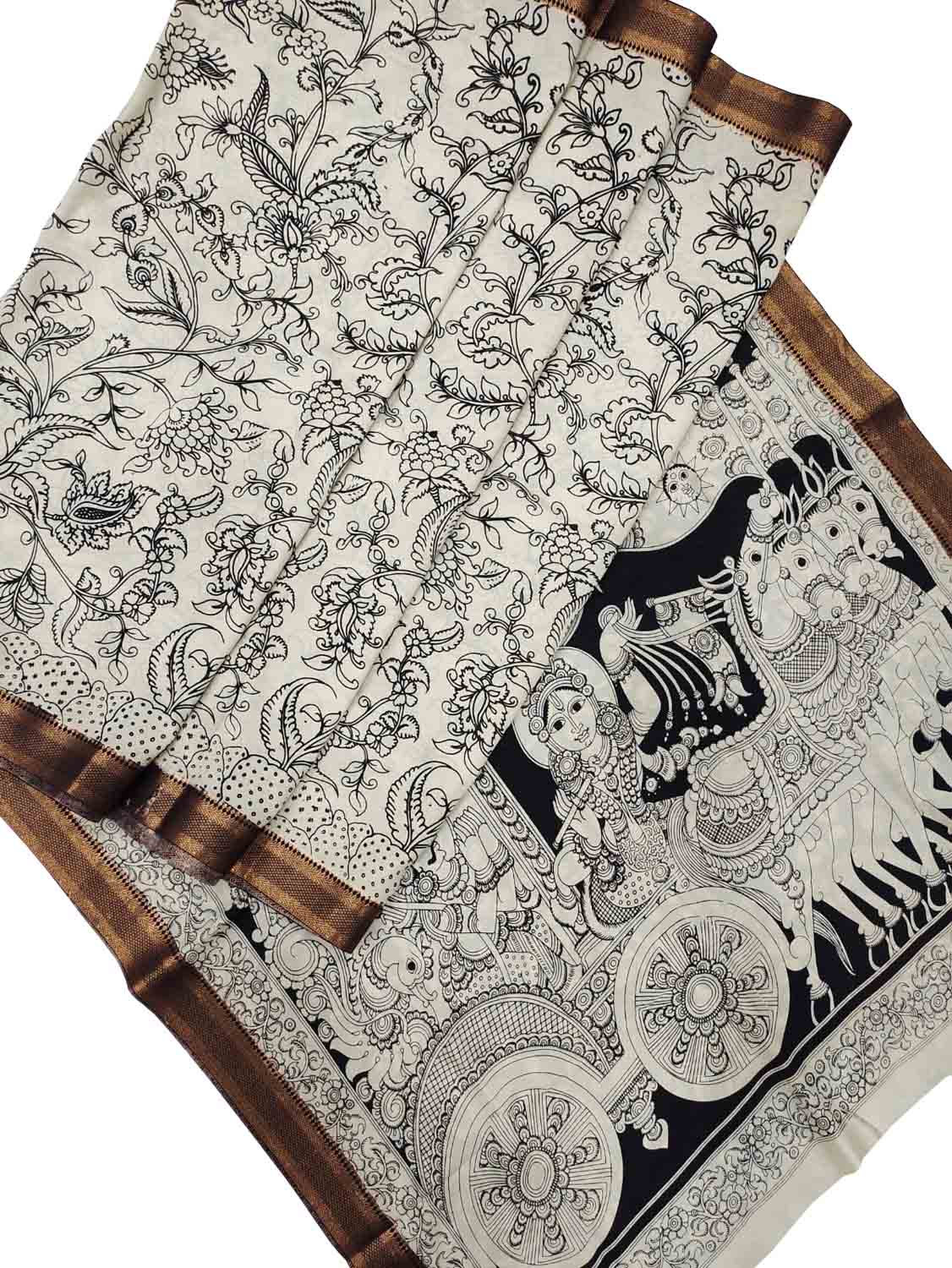 Stunning Black & White Kalamkari Hand-Painted Bangalore Silk Saree - Luxurion World