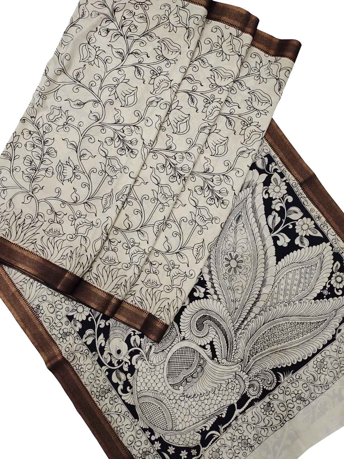 Stunning Black & White Kalamkari Hand-Painted Bangalore Silk Saree - Luxurion World