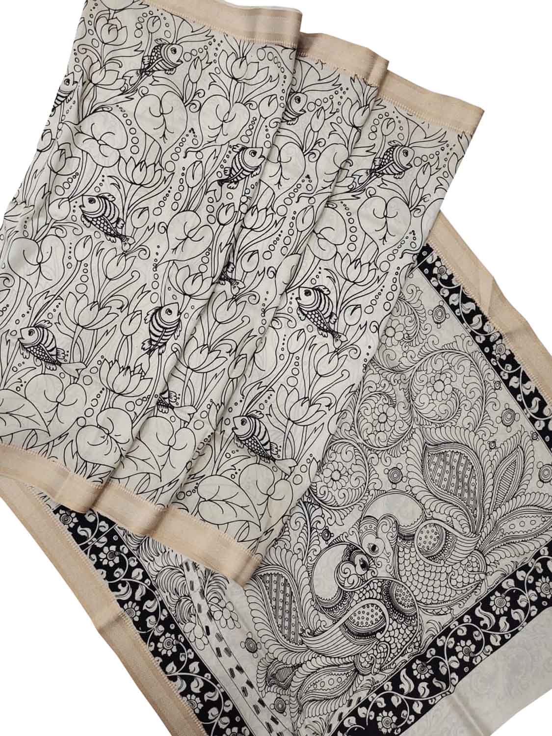 Stunning Black & White Kalamkari Hand-Painted Bangalore Silk Saree - Luxurion World