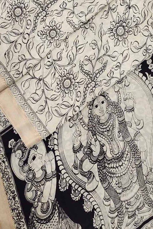 Stunning Black & White Kalamkari Hand Painted Bangalore Silk Saree